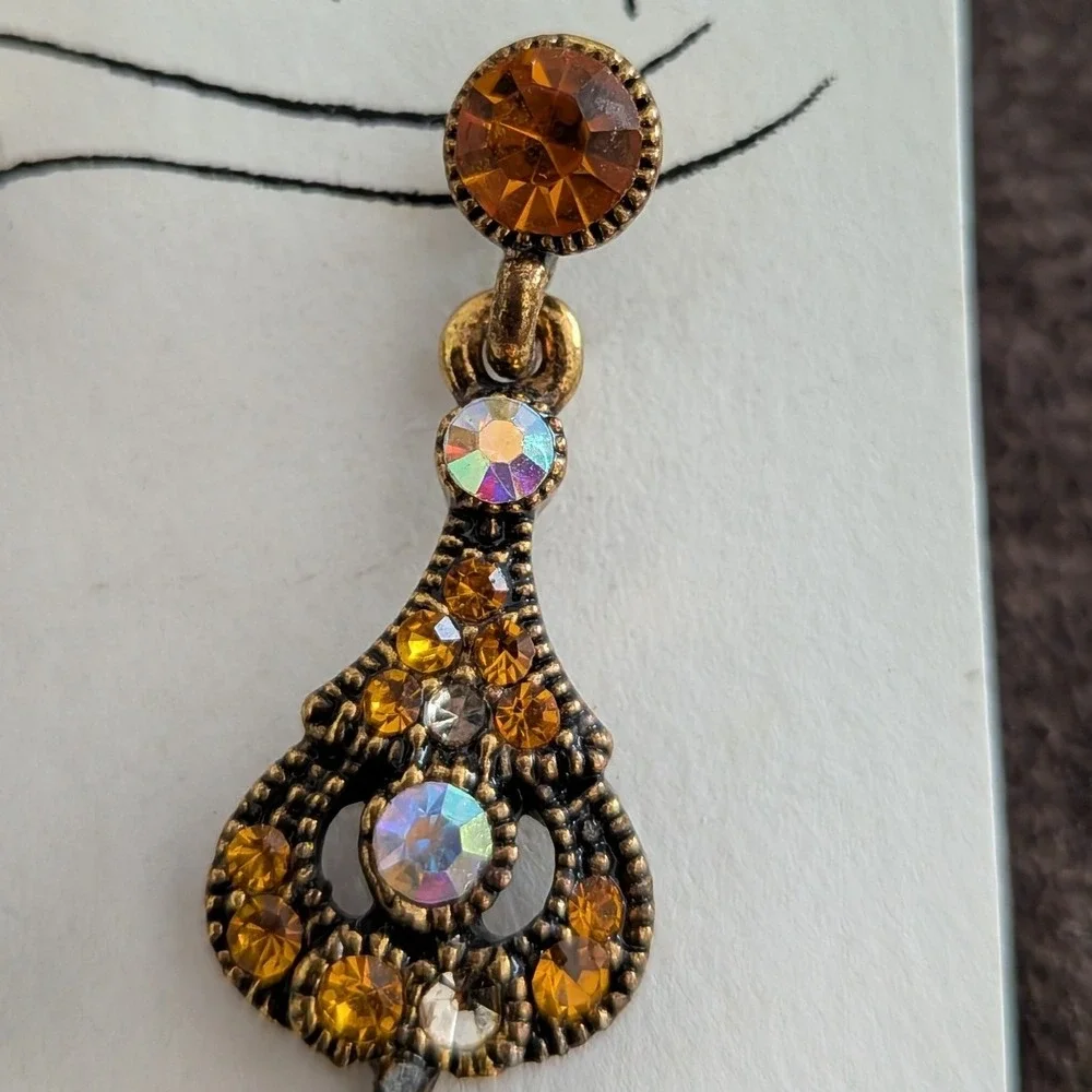 Boutique‎ Amber Aurora Borealis Rhinestone Antique Brass Drop Earrings NEW